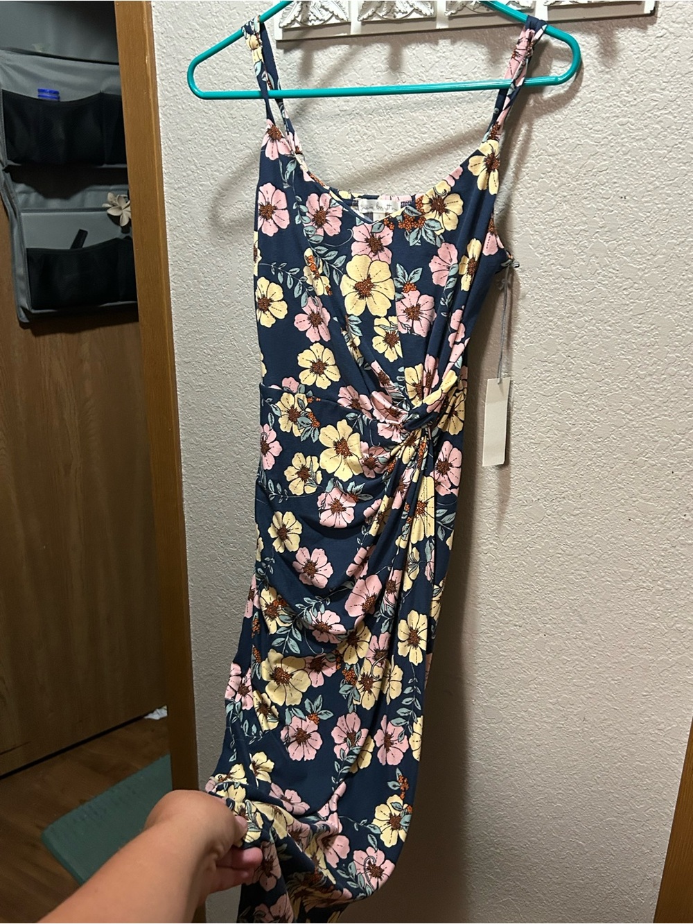 nine britton Navy Floral Wrap-Detail Midi Dress with Pink & Yellow Blooms